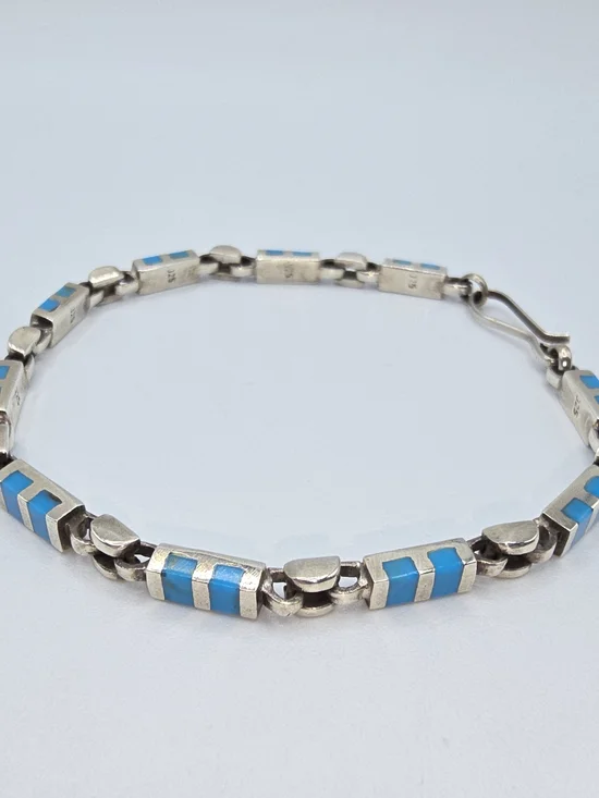VTG Sterling Silver Turquoise Inlay Link Bracelet 7.5" Southwestern Zuni Style - Picture 7 of 10